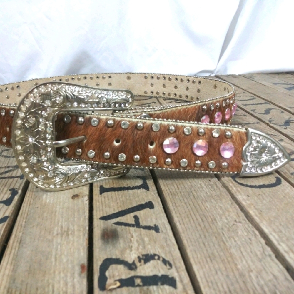 Brown Hair on Belt w Pink Crosses & Bling